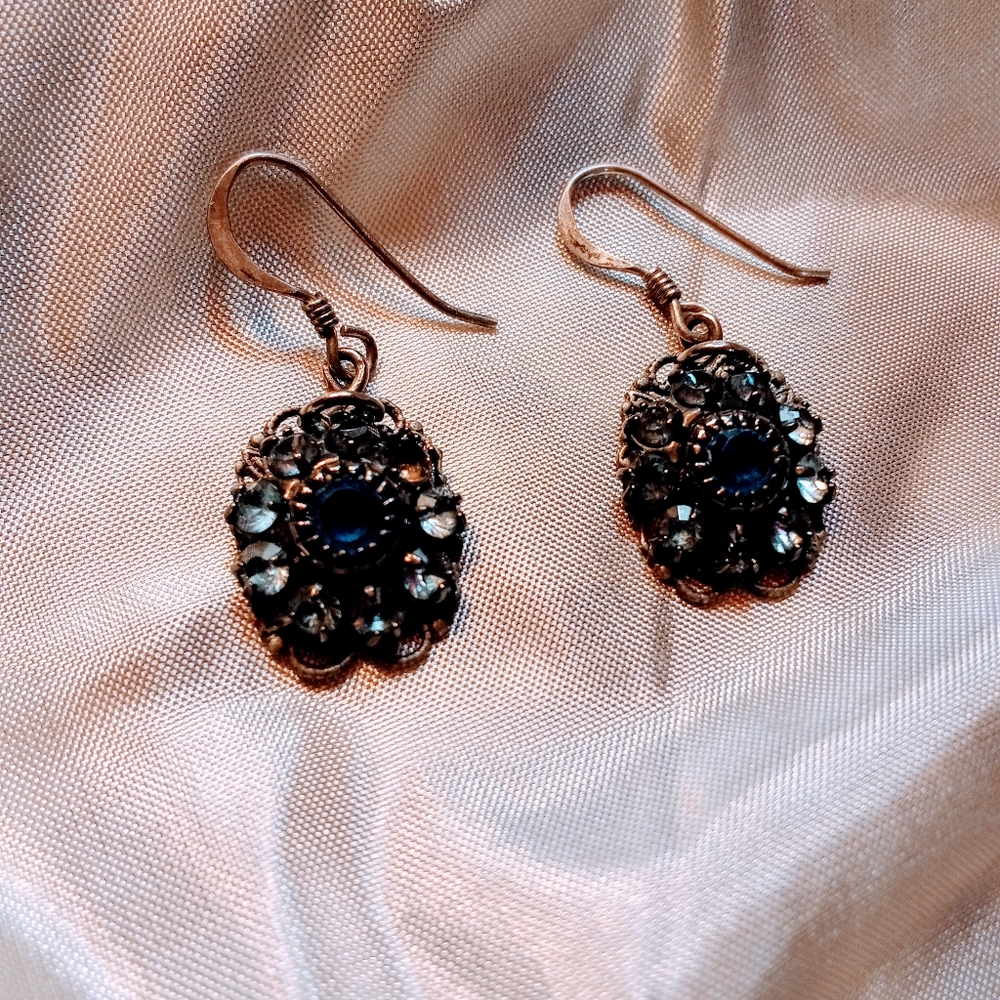 Vintage 925 Sterling Silver Drop Earrings – Sapphire Blue & Marcasite Detail